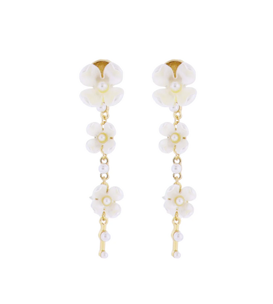 White, Pearl, Gold Falling Flowers with Pearl Bottom Bar Dangle Earring