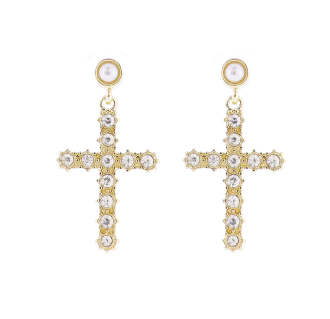 Pearl, Gold Circle Post with Clear Crystal Cross Earring