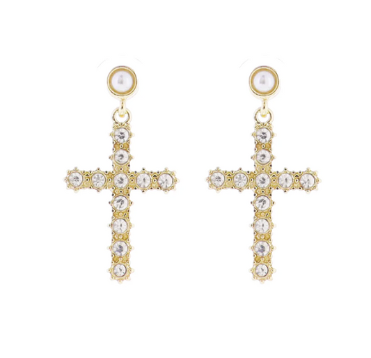 Pearl, Gold Circle Post with Clear Crystal Cross Earring