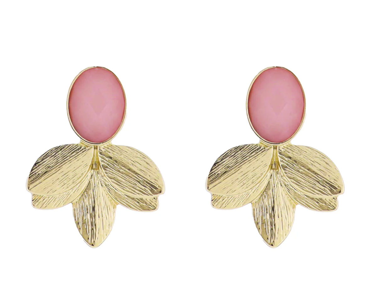 Pink, Gold Gemstone Post with Gold Leaf Fan Earring