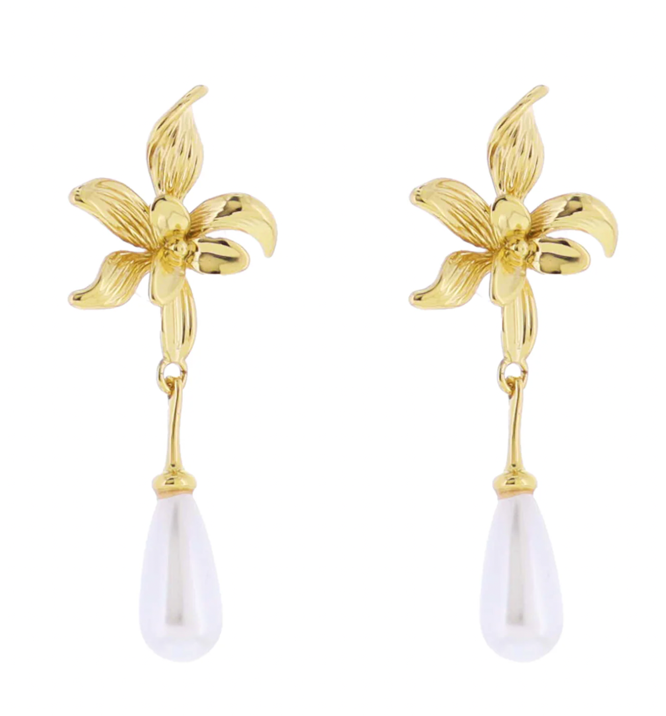 Gold Flower Post with Pearl Teardrop Earring