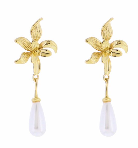 Gold Flower Post with Pearl Teardrop Earring