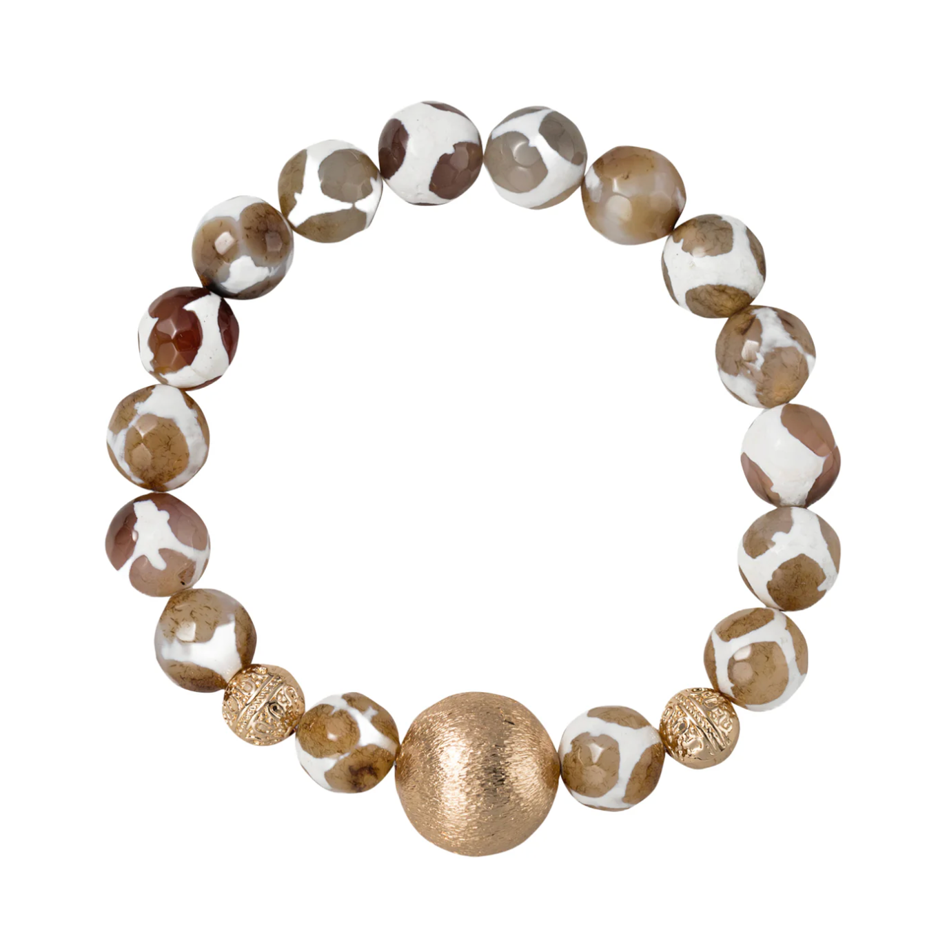 Brown Giraffe Agate Beaded Stretch Bracelet with Gold Ball