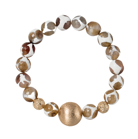 Brown Giraffe Agate Beaded Stretch Bracelet with Gold Ball