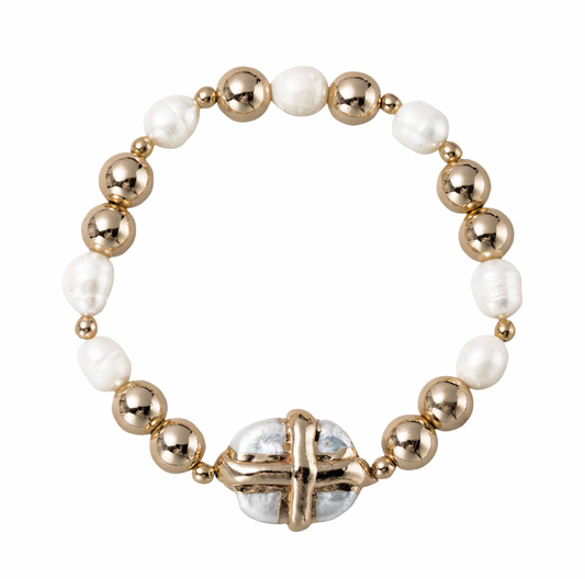 Beaded Stretch Bracelet with Pearl with Wrapped Gold Cross