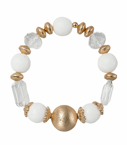 White Beaded Stretch Bracelet with Gold Ball, Clear Large Crystals, Decorative Spacers