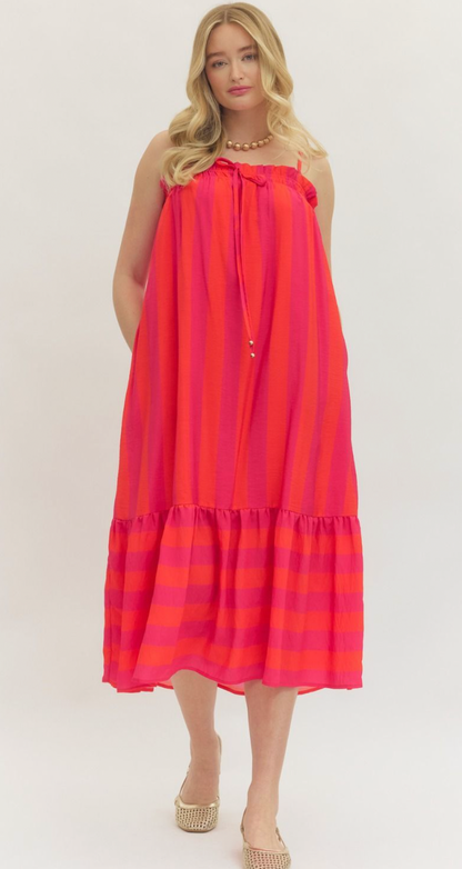 Striped print Ruffle sleeveless midi dress