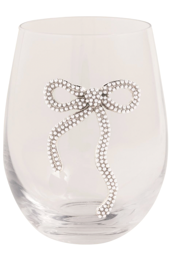 Beaded White Bow Wine Glass