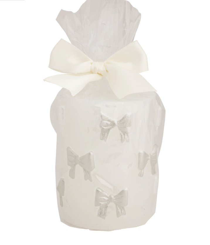 White On White Bow Pillar Candle
