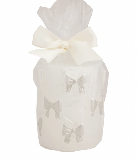 White On White Bow Pillar Candle