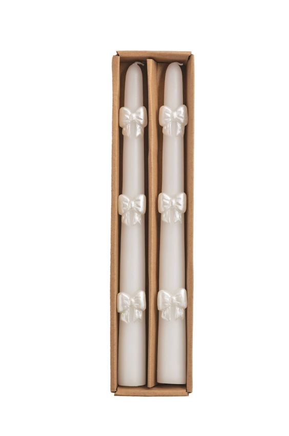 White Bow Taper Candle Set