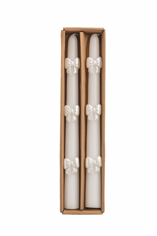White Bow Taper Candle Set