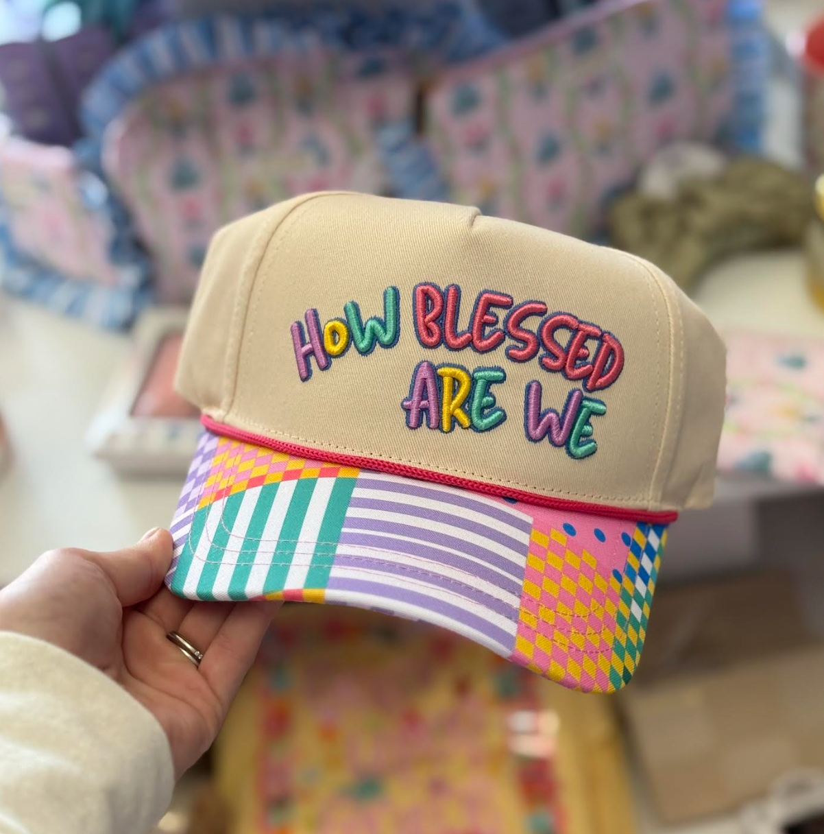"HOW BLESSED ARE WE" Tan/Patch Work Hat