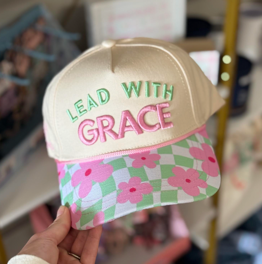 "Lead with Grace" Tan/Floral Checkered Hat
