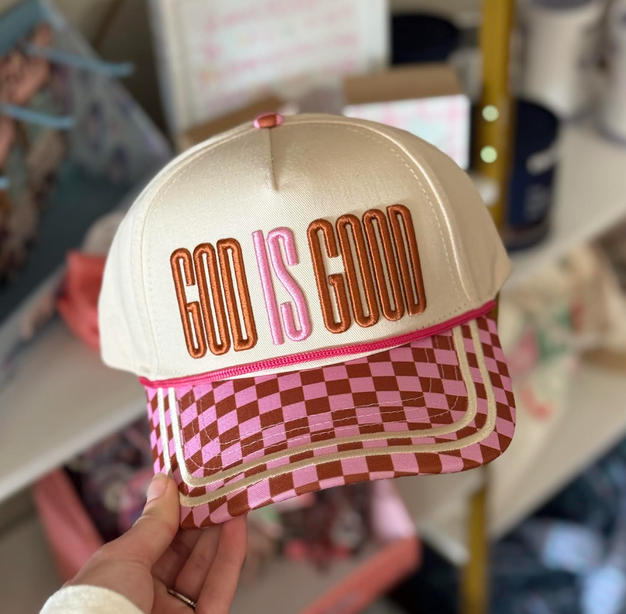 "God is Good" Tan/Checkered Hat