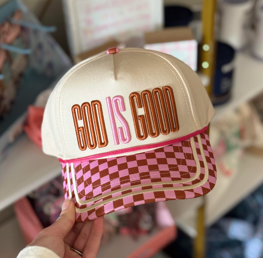 "God is Good" Tan/Checkered Hat