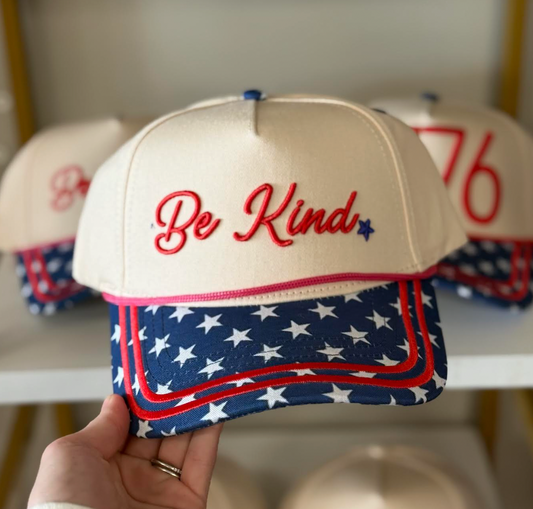 "Be Kind" Tan/Blue Stars Hat