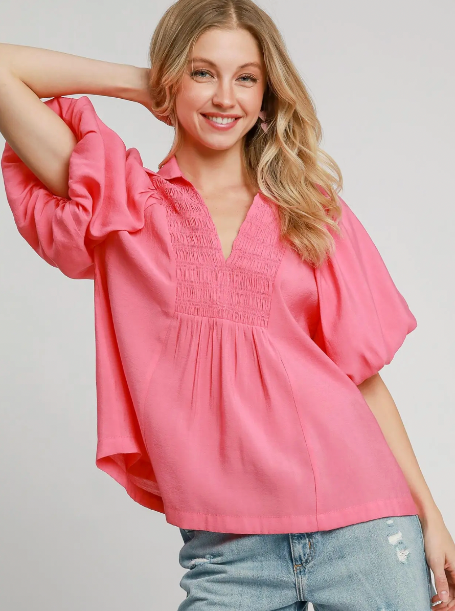 Smocked V-Neck Puff Sleeve Top