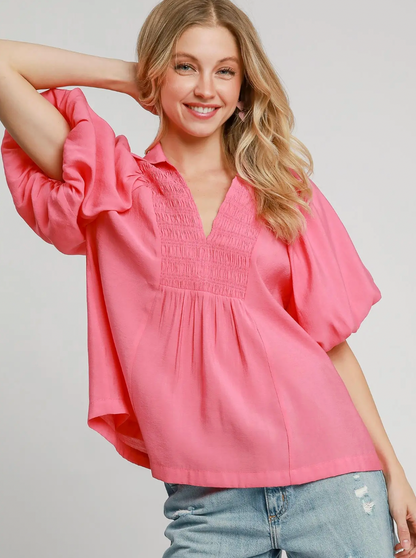 Smocked V-Neck Puff Sleeve Top