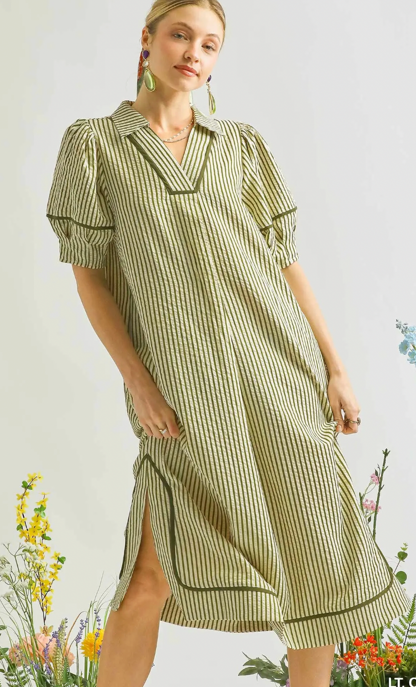 Striped Midi Dress with Puff Sleeves
