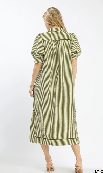 Striped Midi Dress with Puff Sleeves