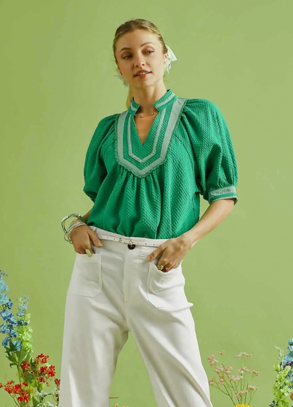 Textured Jacquard Contrast Trim Top