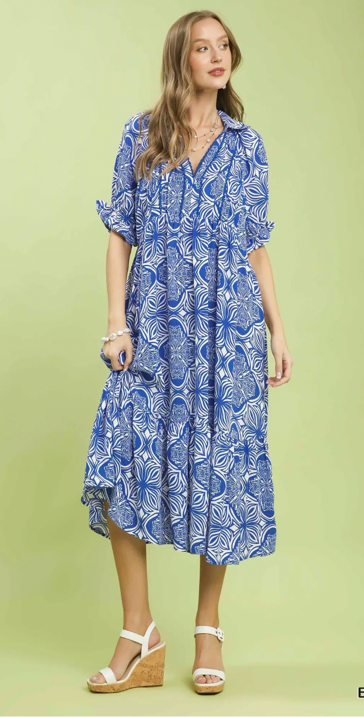Abstract Print Collared Midi Dress
