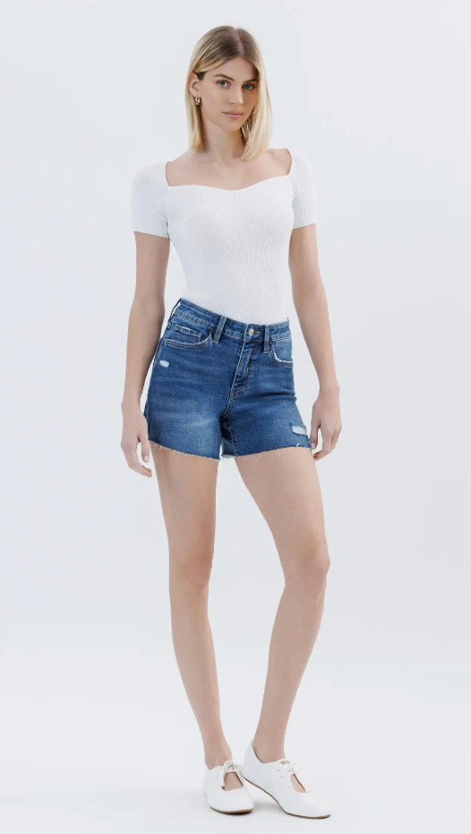 High Rise Raw Hem Denim Shorts