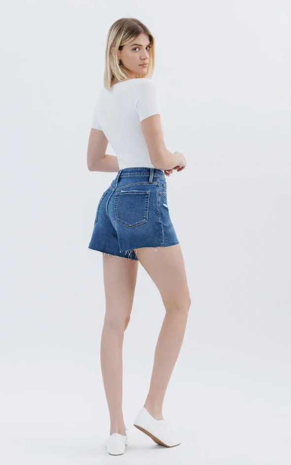 High Rise Raw Hem Denim Shorts