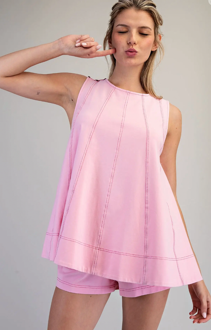 Contrast Topstitch Sleeveless Swing Top Set