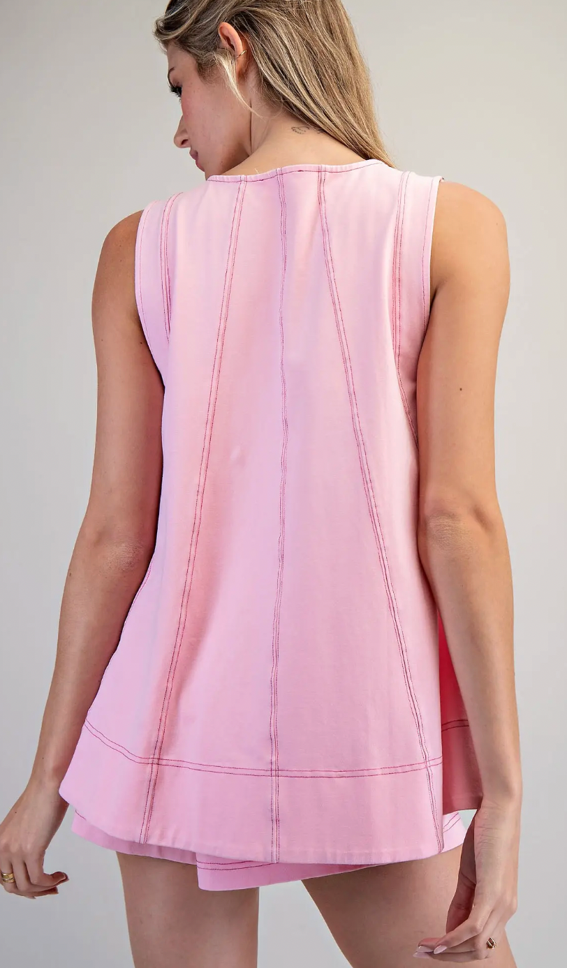 Contrast Topstitch Sleeveless Swing Top Set