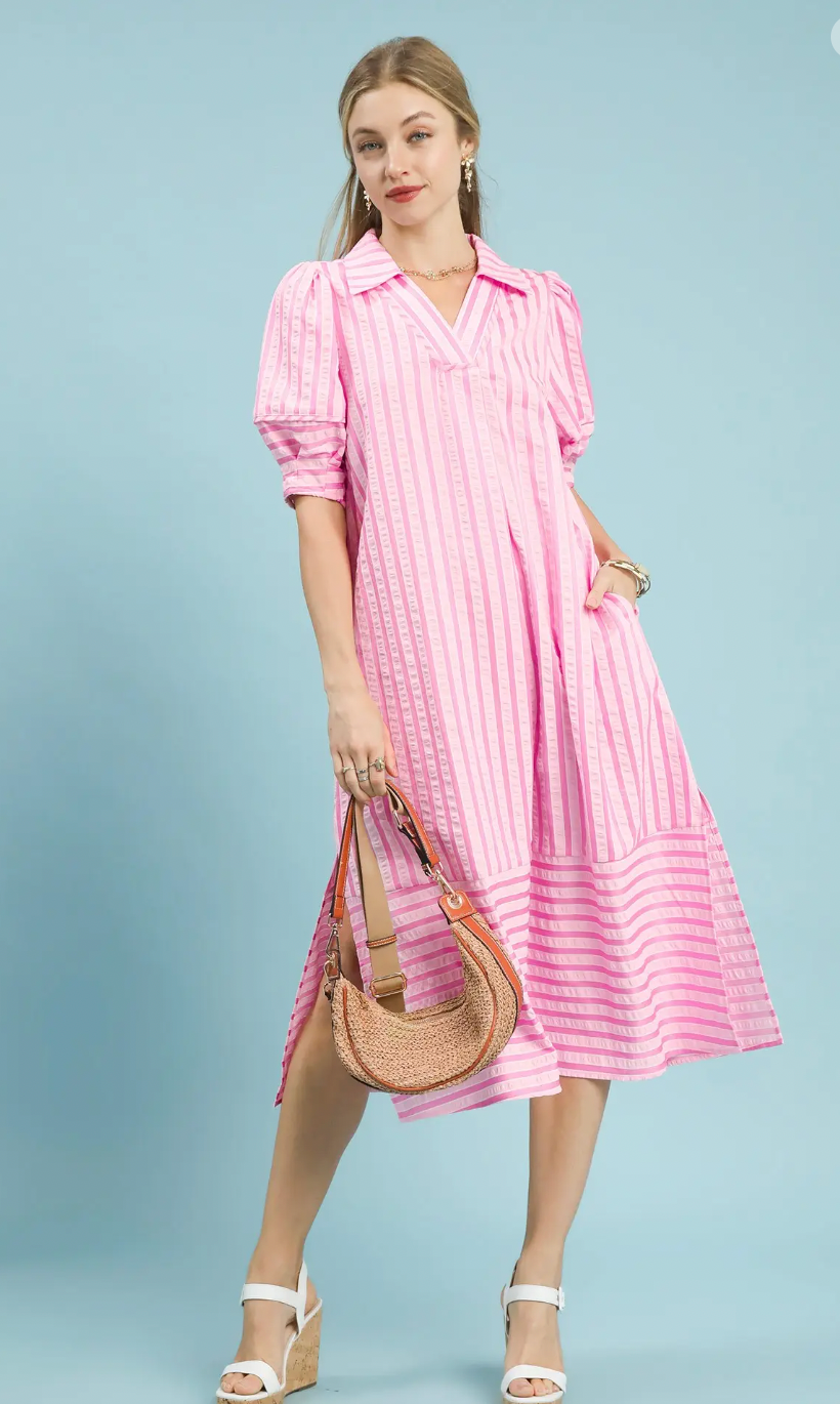 Striped Puff Sleeve Midi Dress