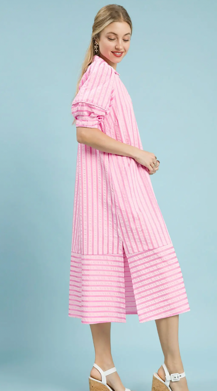 Striped Puff Sleeve Midi Dress