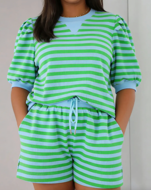 Plus Stripe Puff Sleeve Shirt Matching Shorts Set