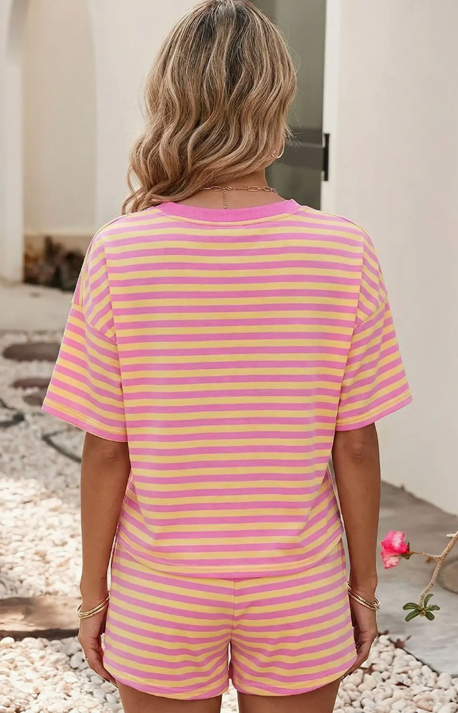 Rose Stripe Drop Shoulder Short Set