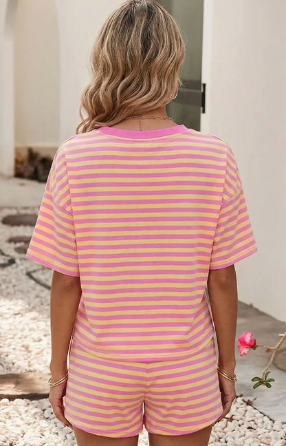 Rose Stripe Drop Shoulder Short Set