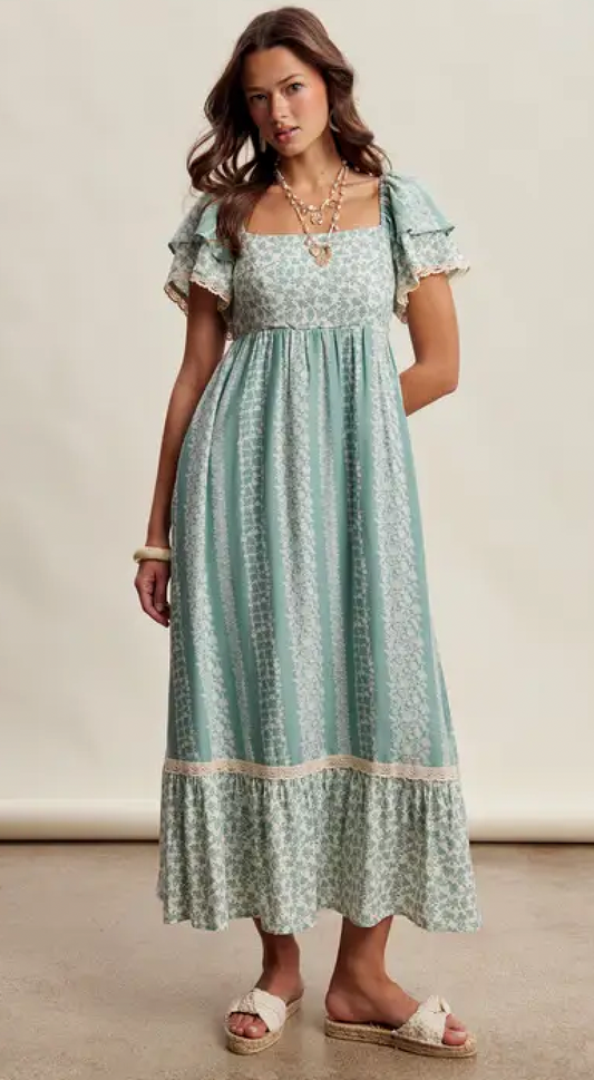 Floral Border Print Flutter Sleeve Dress