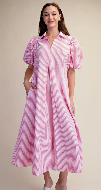 V-Neck Puff Sleeve Stripe Pleated Midi Dress
