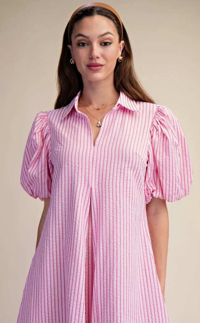 V-Neck Puff Sleeve Stripe Pleated Midi Dress