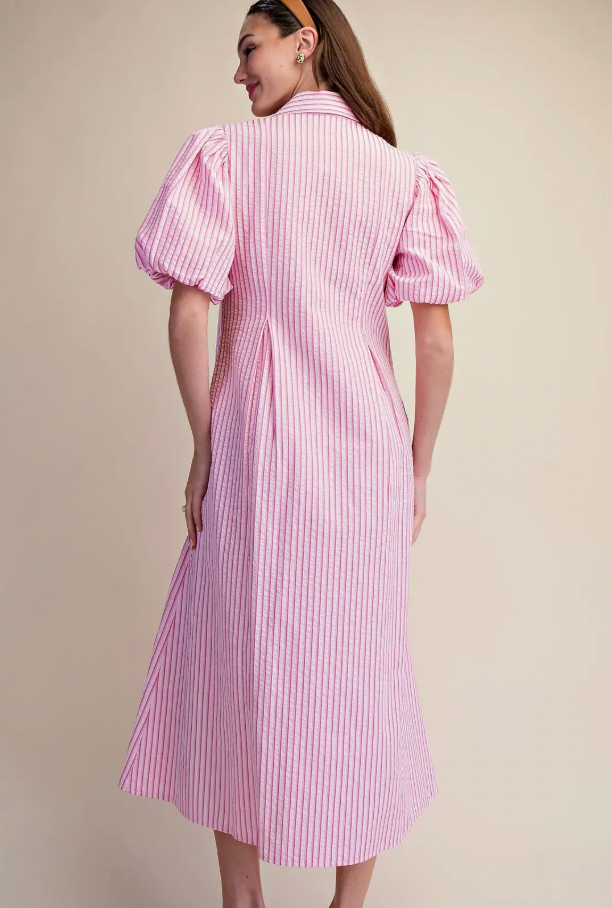 V-Neck Puff Sleeve Stripe Pleated Midi Dress