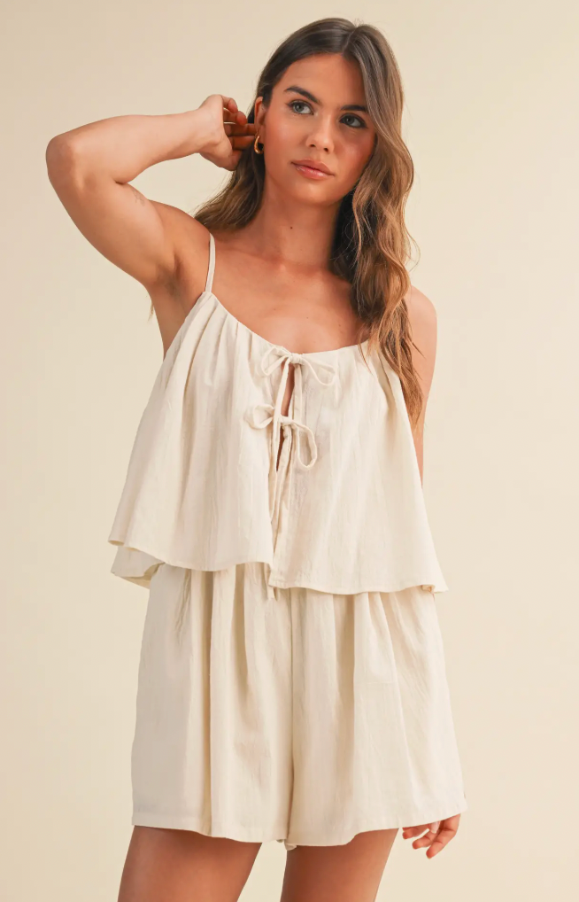 Tiered, Flowy Romper/ Front-Tie Accents and Textured
