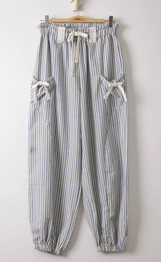 Bow Detail Stripe Textured Woven Pants