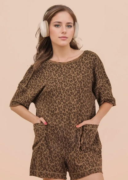 Leopard Printed Knit Comfy Romper