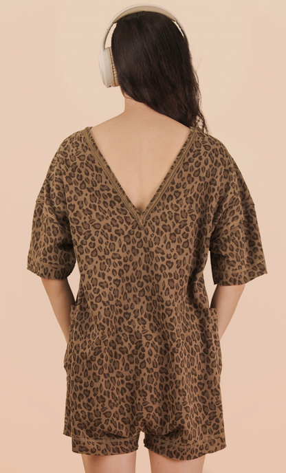 Leopard Printed Knit Comfy Romper