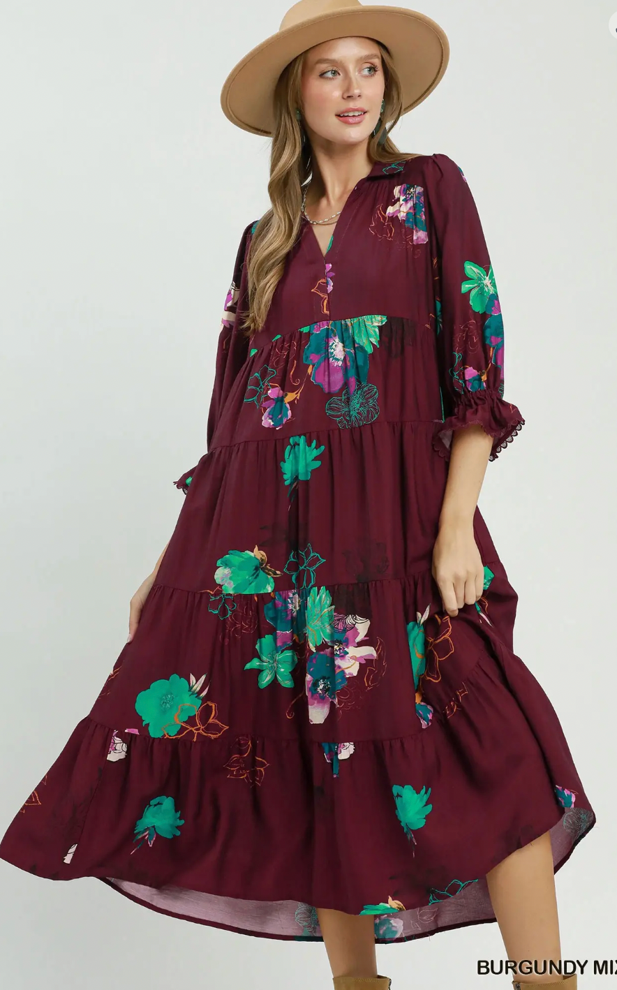 Burgandy Floral Tiered Midi Dress