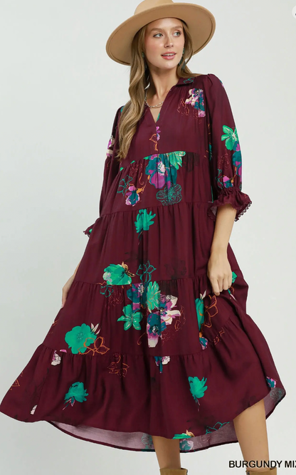 Burgandy Floral Tiered Midi Dress