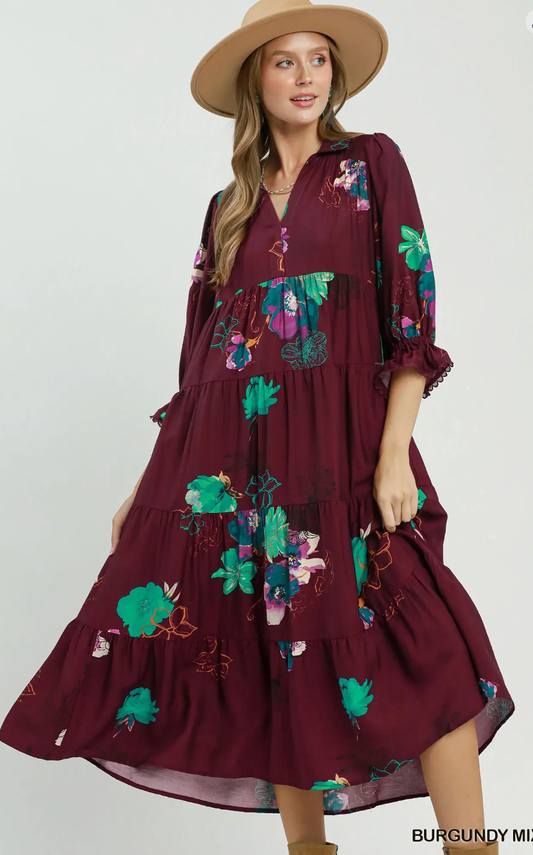 Burgandy Floral Tiered Midi Dress