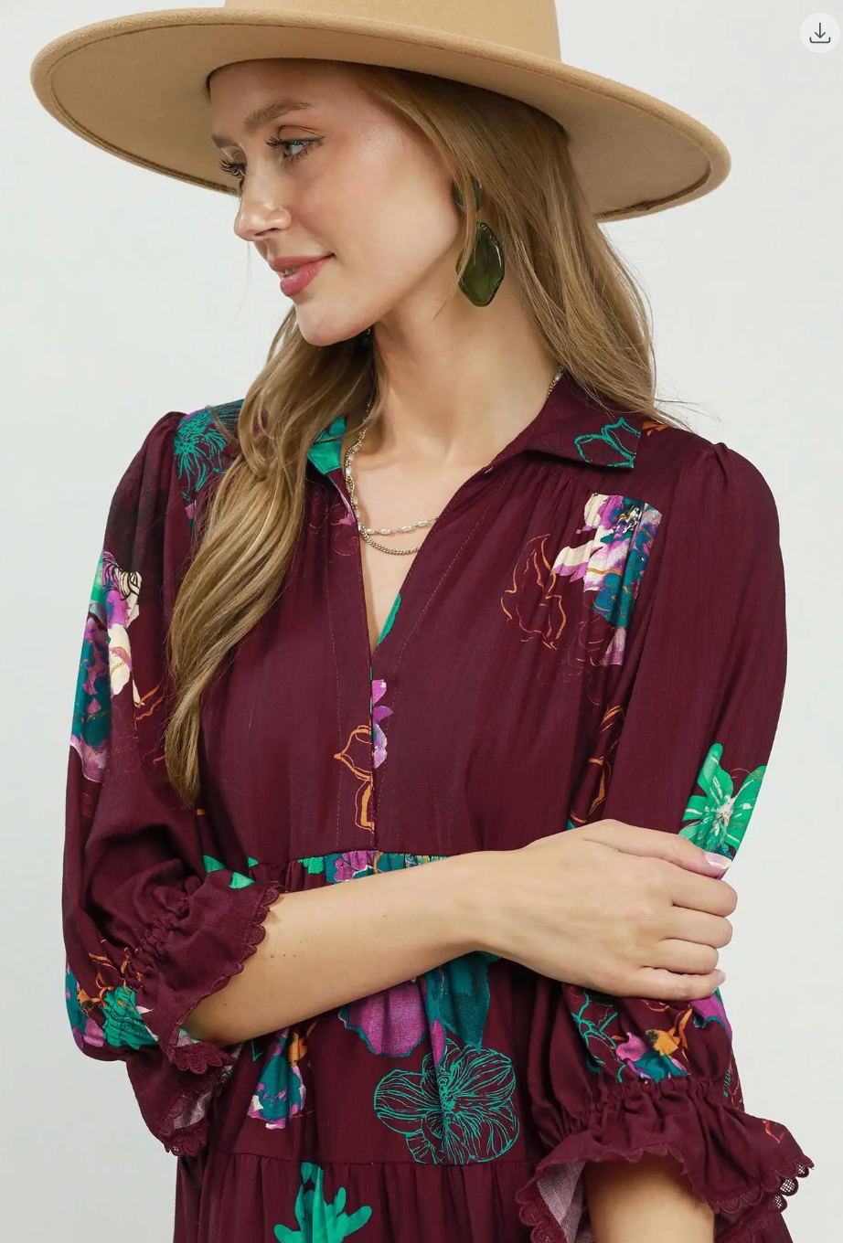 Burgandy Floral Tiered Midi Dress