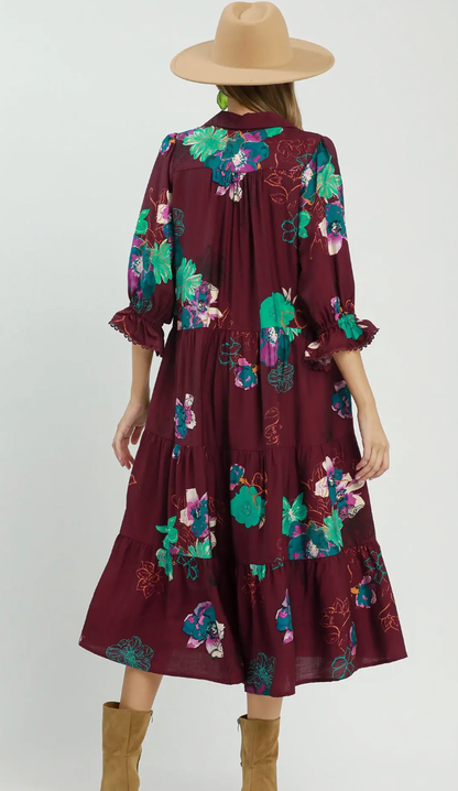 Burgandy Floral Tiered Midi Dress