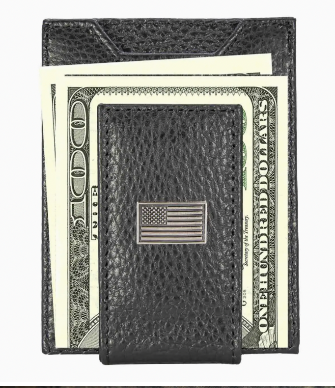 American Flag Magnetic Leather Slim Wallet Pebble Black